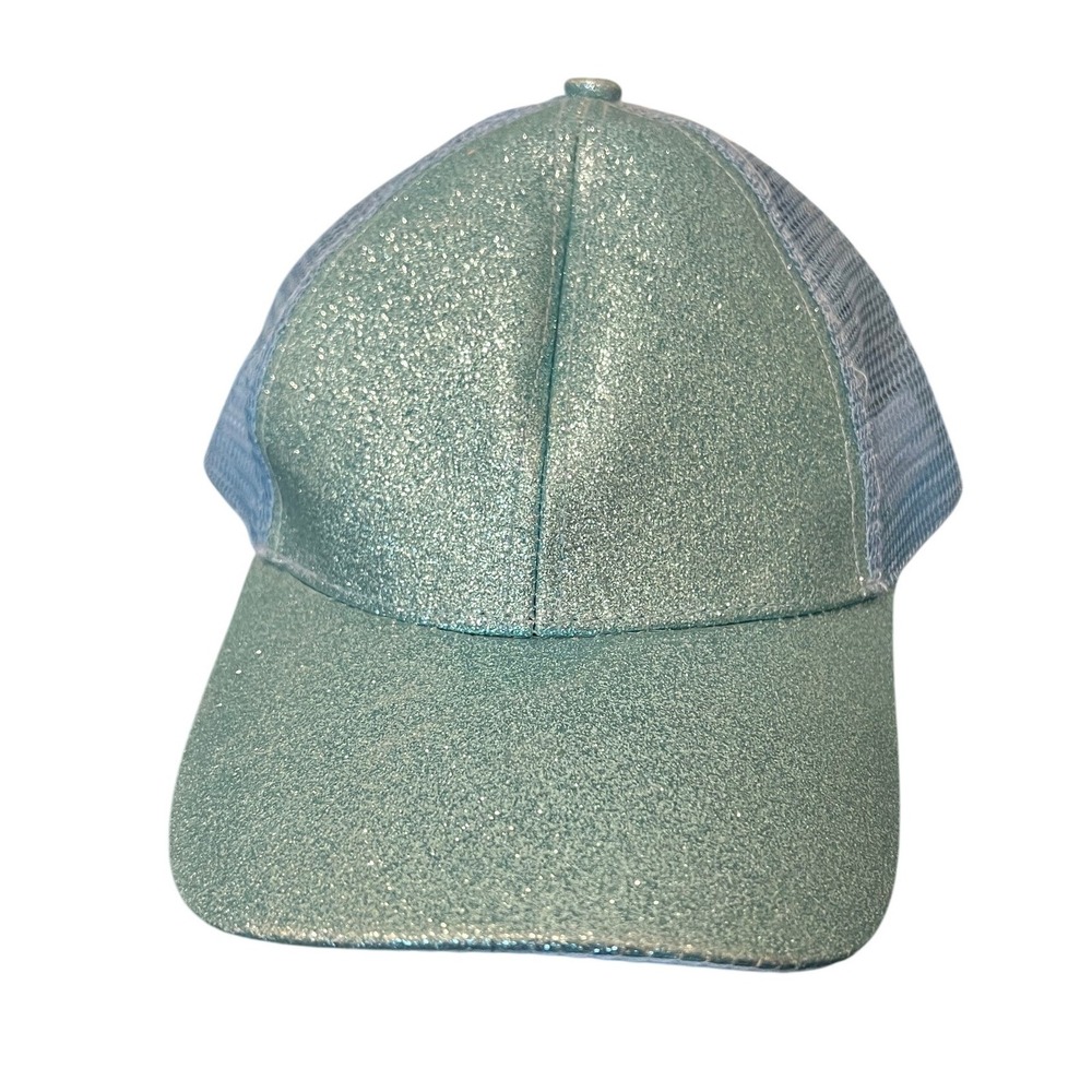 Glitter Trucker Hat Womens OS Light Blue High Ponytail